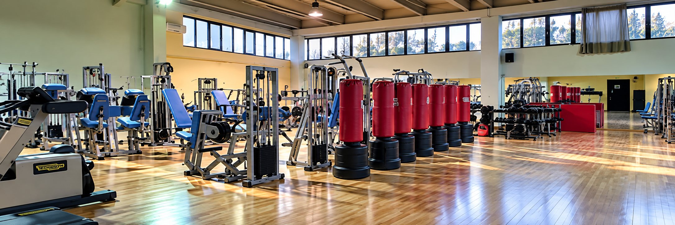 Sala attrezzi della palestra con macchine isotoniche e sacchi da boxe